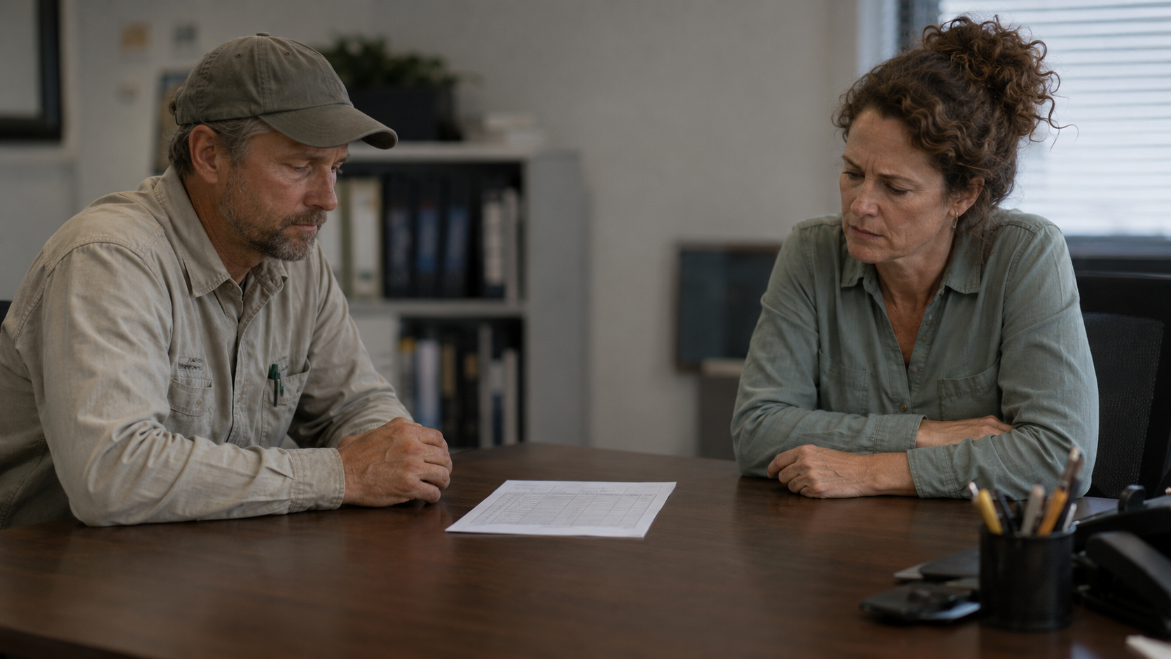 A party chief and an office manager sitting across a desk with a single disputed timesheet between them, quiet disagreement on both faces