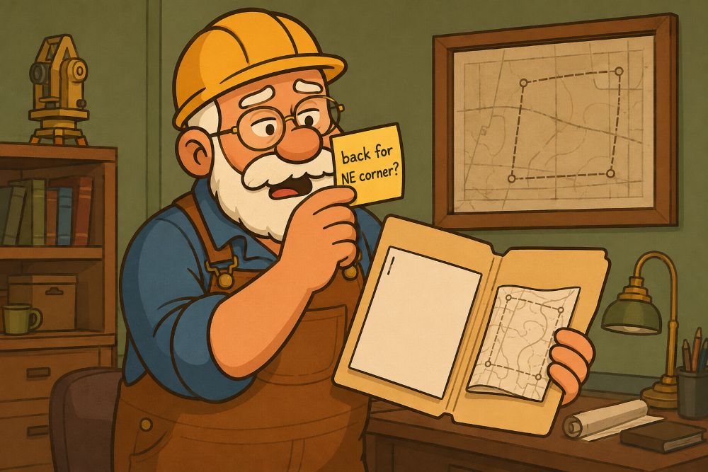 Gus the Surveyor squinting at a yellow sticky note while holding open an almost empty job folder