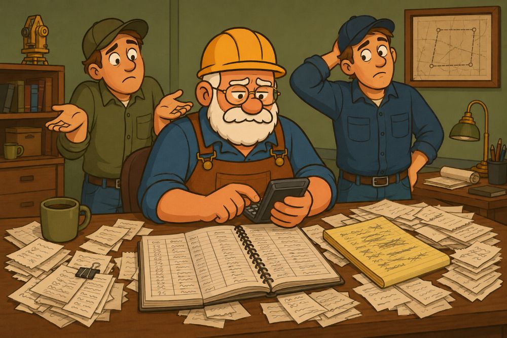 Gus the Surveyor working a calculator at a desk covered in receipts and a truck log while two crew members behind him shrug