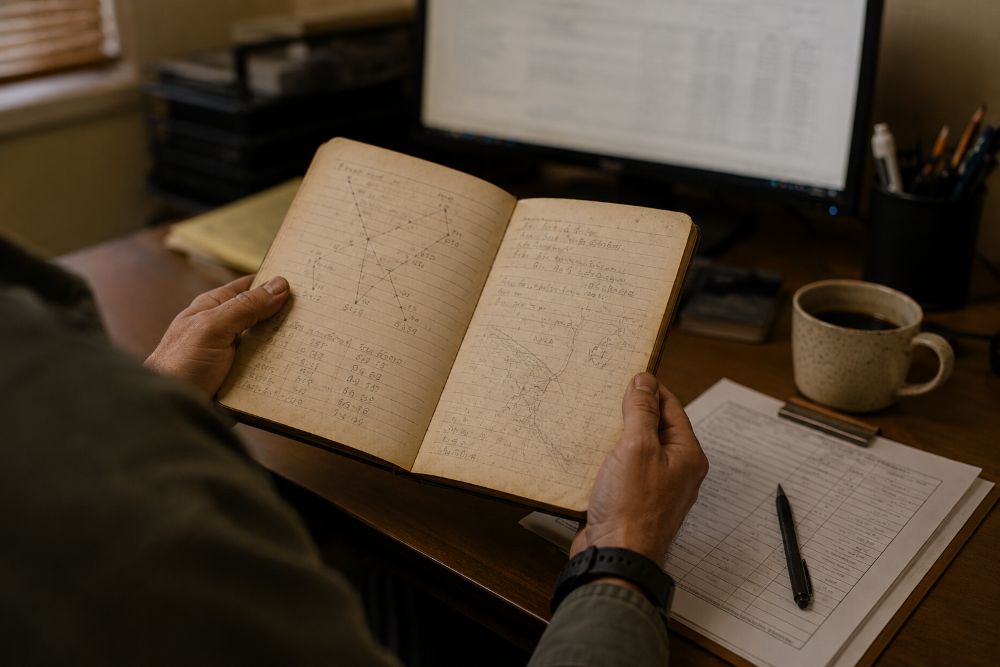 A land surveyor reads handwritten field notes while a spreadsheet sits open on the monitor behind, rebuilding a finished job before it can be invoiced