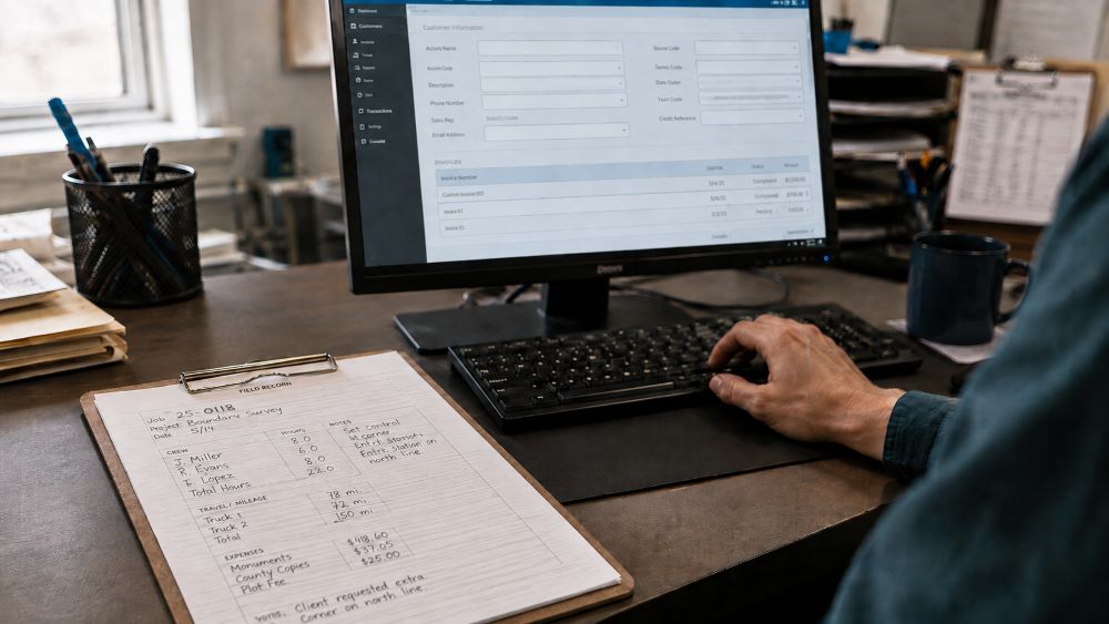 Job details recorded once in the field and flowing into the accounting system without being typed a second time
