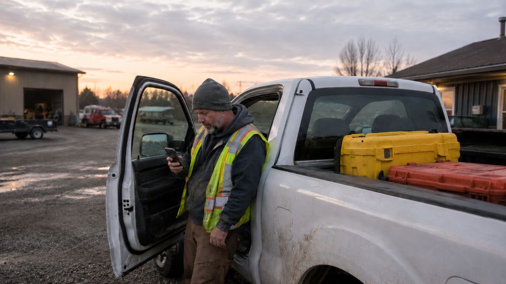 Party chief checking the day's survey crew scheduling assignment on a phone at the truck before leaving the yard at dawn