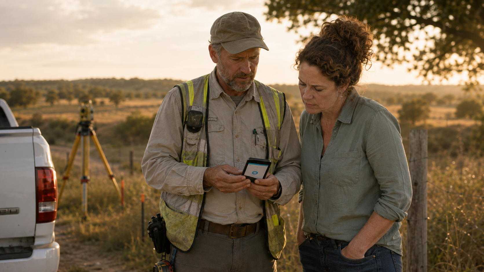 A party chief and an office manager standing together in the field, both looking at the same phone showing time captured on a project, the survey instrument set up behind them
