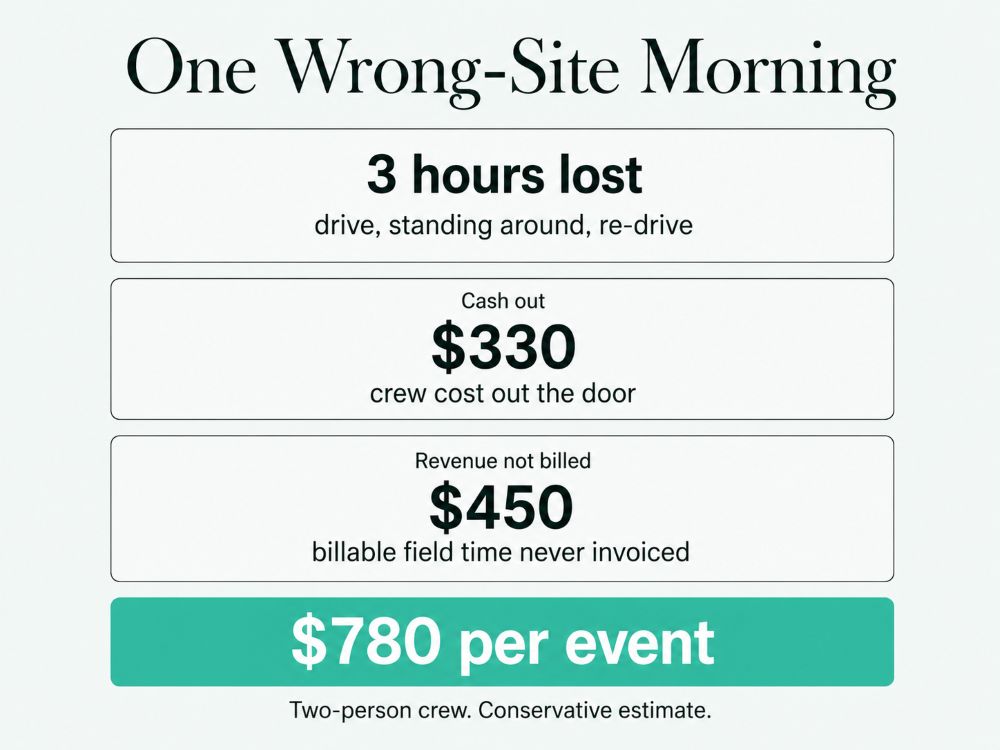 Cost breakdown of one wrong-site survey crew mobilization showing three lost hours totaling 780 dollars in crew cost and unbilled field time
