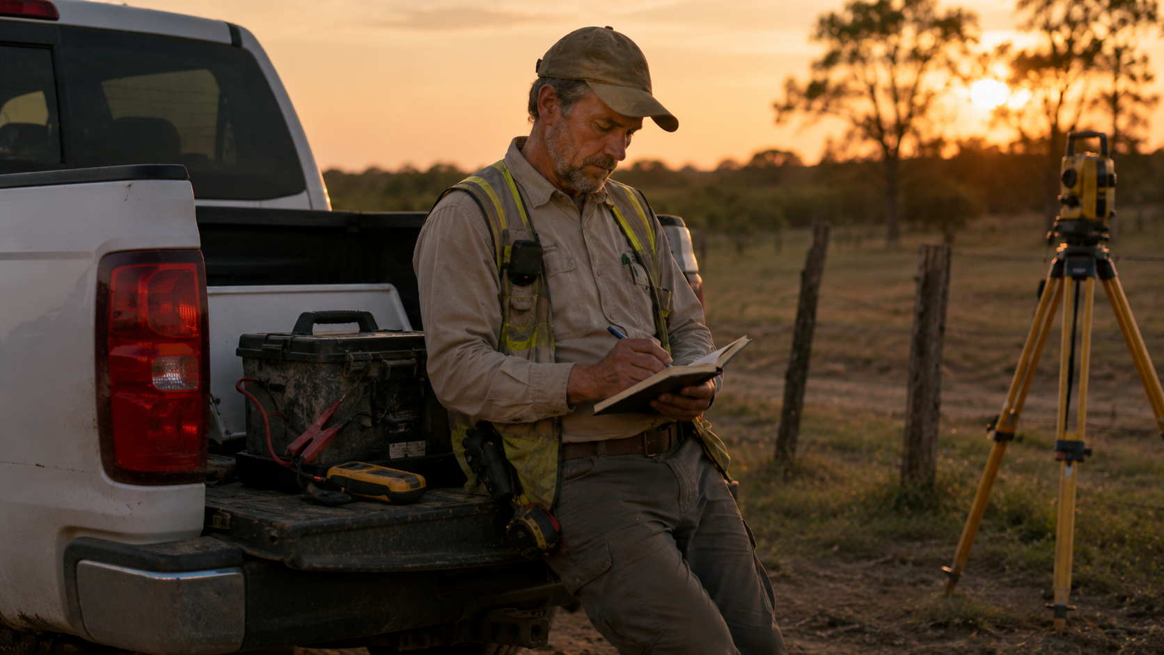 A survey party chief leaning against his truck at golden hour, writing field crew hours into a field book from memory at the end of the day