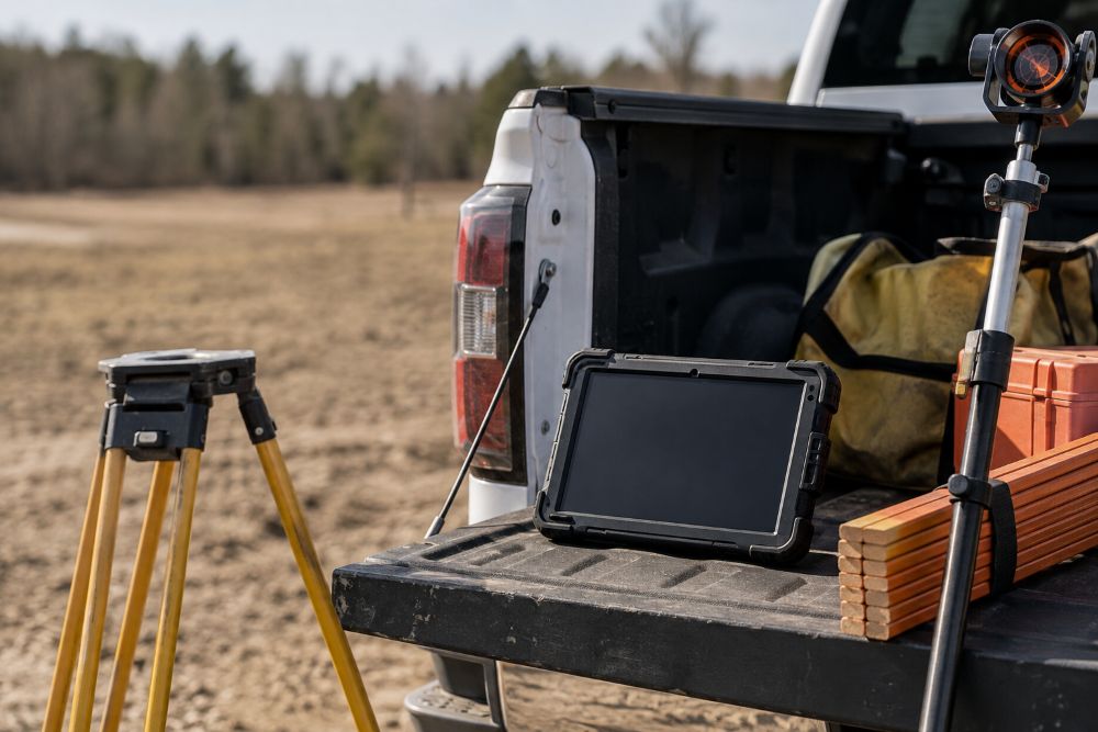 A rugged field tablet on a survey truck tailgate beside lath, a prism pole, and a tripod, where field time and extras get captured on the job instead of rebuilt later