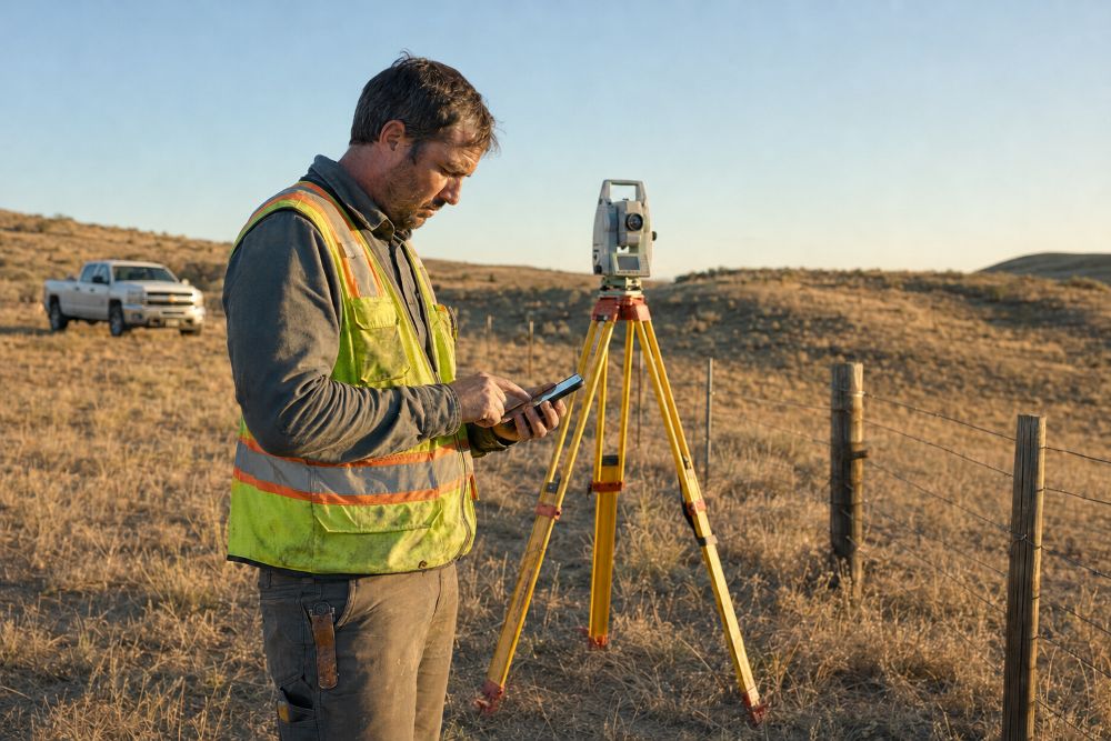 Survey crew member entering field hours on a phone at a job site